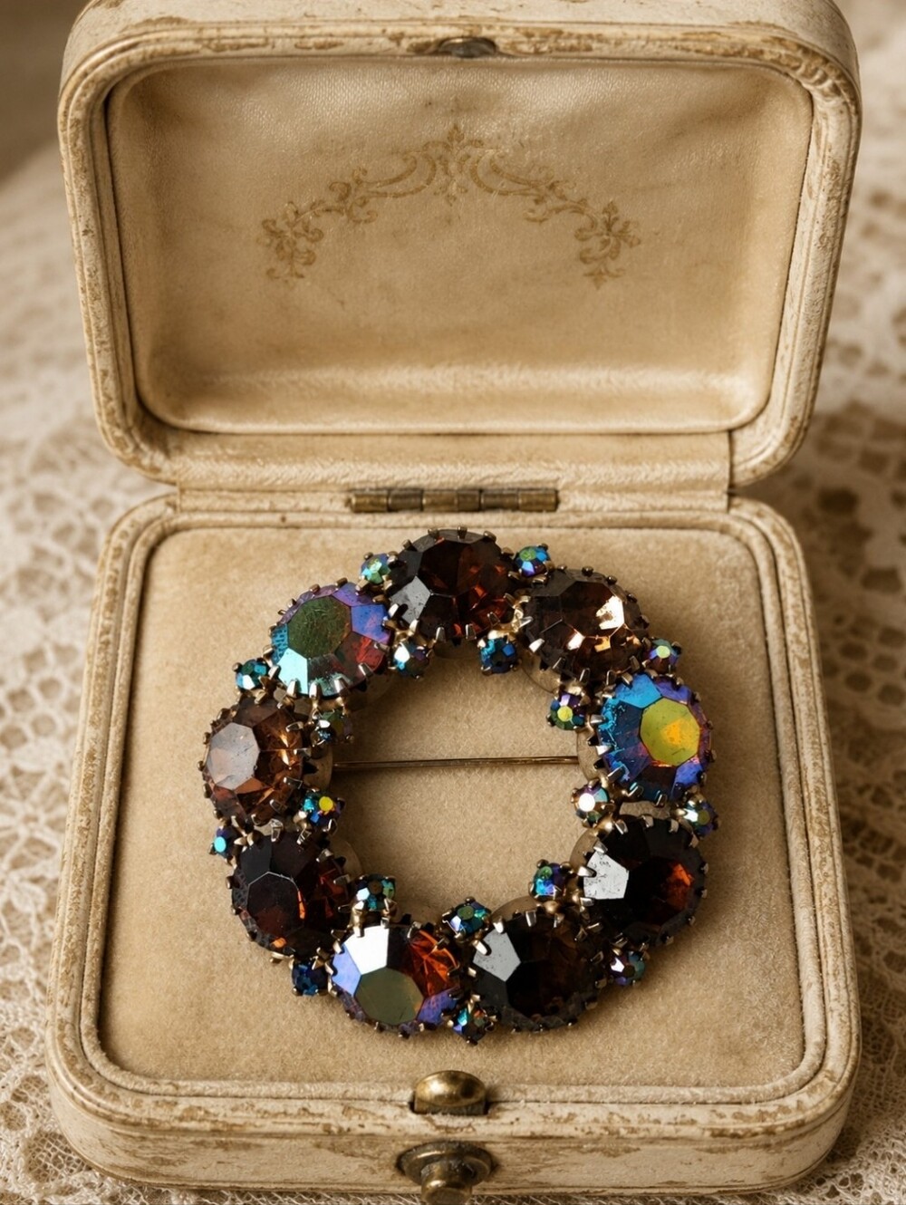 WEISS Signed Round Vintage Brooch Pin Prong Set Topaz Aurora Borealis Stones